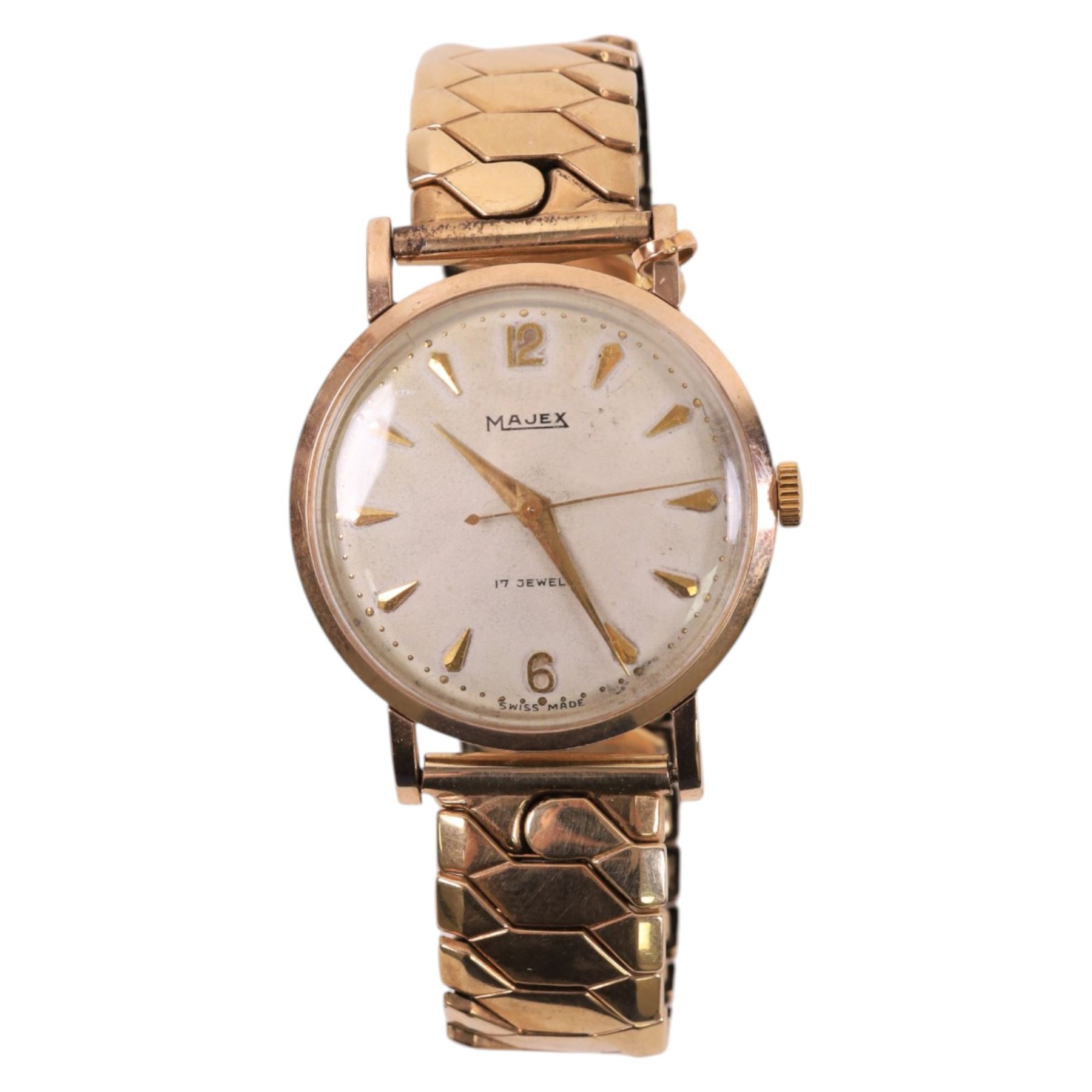 Majex gentleman's 9ct gold manual wind wristwatch, Edinburgh 1957, on expanding gold-plated strap, with 17ct gold Italian horn charm