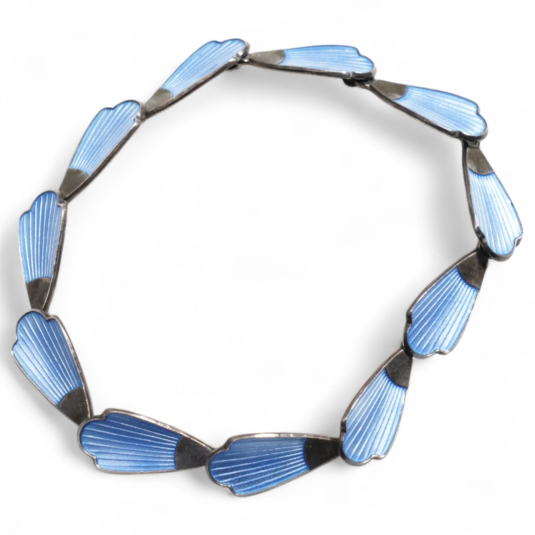 Danish silver and guilloche enamel bracelet by Volmer Bahner, gold pearl stick pin stamped 9ct and a velvet and silk lined heart shaped jewellery box 