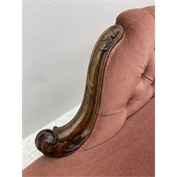 Victorian walnut framed chaise longue, deep double serpentine seat with moulded and cartouche carved apron, scrolled back carved with acanthus leaves, upholstered in pink with buttoned back, on cartouche and scroll carved cabriole supports, with brass and ceramic castors 