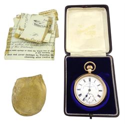 Early 20th century 9ct gold open face keyless lever pocket watch by American Watch Company, No. 18470404, white enamel dial with Roman numerals and subsidereary seconds dial, case by Dennison, Birmingham 1913, retailed by Fattorini & Sons Ltd, Bradford,in original case