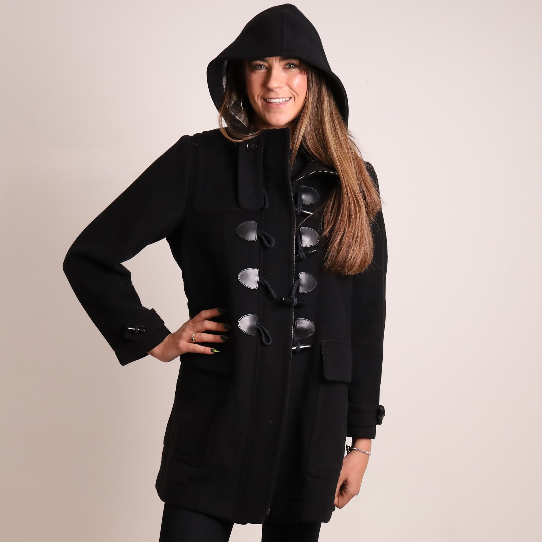Burberry Brit - black wool duffle coat, with hood, leather toggle fastenings, flap pockets and signature check wool lining, size UK 16
