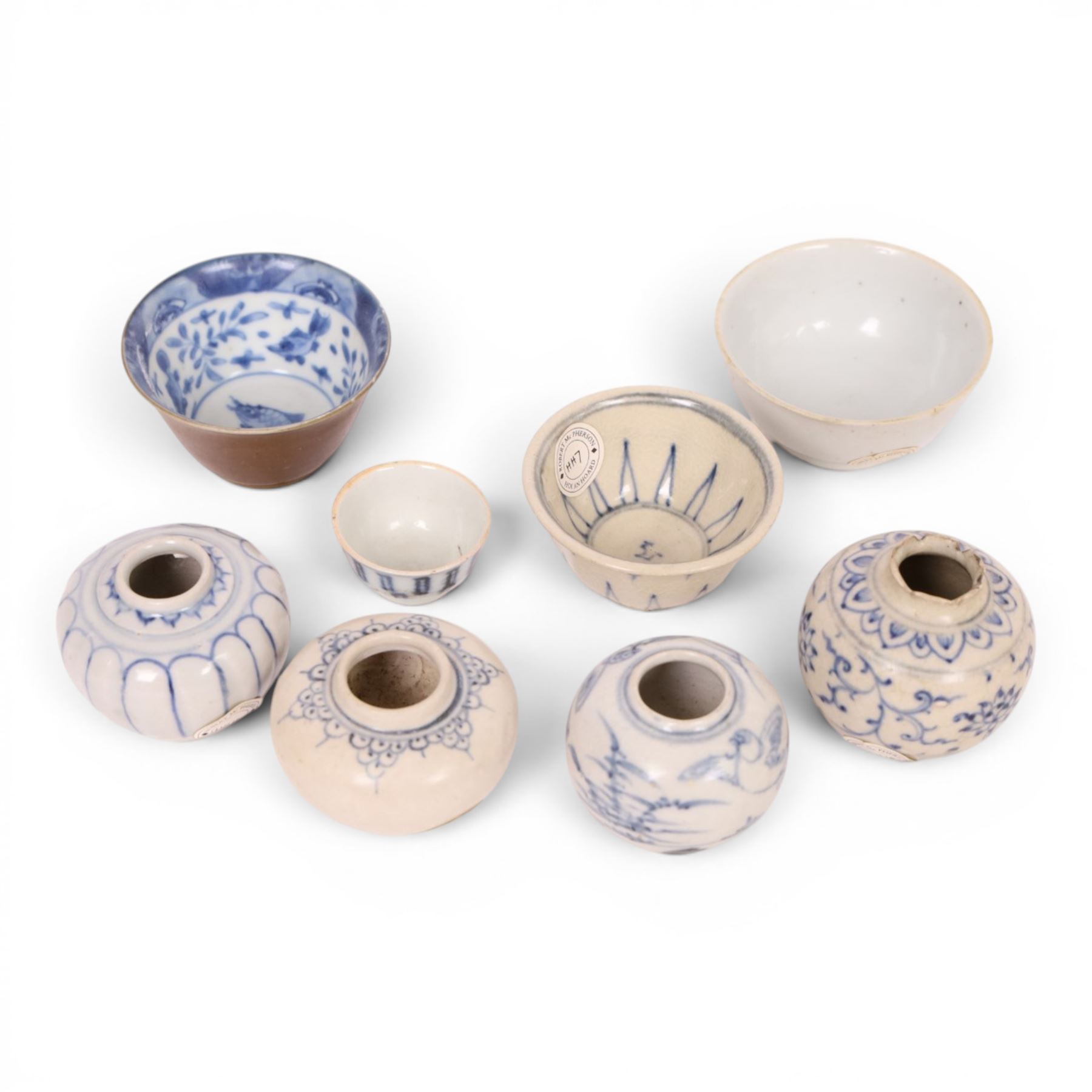 Four Hoi an Hoard miniature vases and a bowl, together with three other tea bowls 