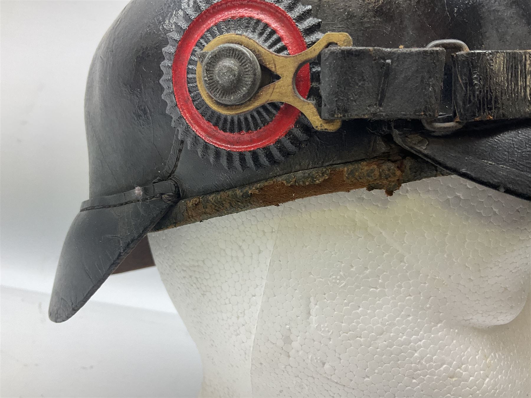 WW1 German leather Pickelhaube helmet with brass plate for Baden regiment, leather strap and leather part only of liner