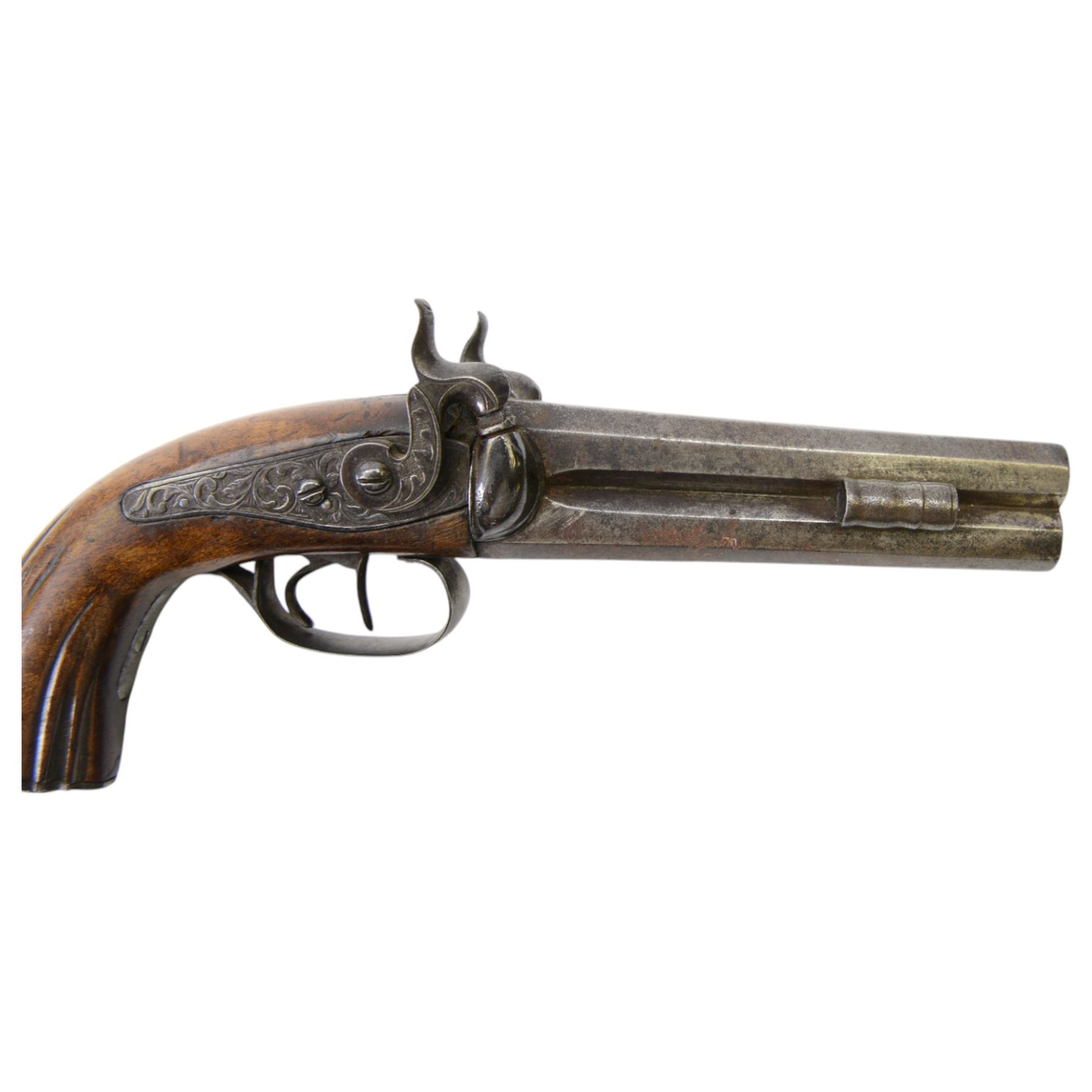 19th century double-barrelled percussion pistol, the octagonal, over and under, barrels with remains of the signature 