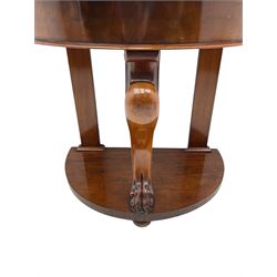 Victorian mahogany and marble demi-lune console table, moulded white and grey veined marble top, on cabriole support carved with paw, demi-lune undertier over compressed bun feet 