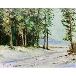 Ken Johnson (British 20th century): 'The Pine Wood in January', oil on canvas signed, titled and dated April 1981 on label verso 20cm x 25cm