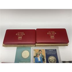 Coins including two King George VI 1951 Festival of Britain crowns each in green case, various other commemorative crowns, two Iceland '874-1974' two coin sets both in original red cases etc