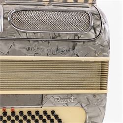 Recanati V Soprani Di Silvio Piano Accordion, 120 bass, with five tone selector keys, silvered pearloid case, with carry case