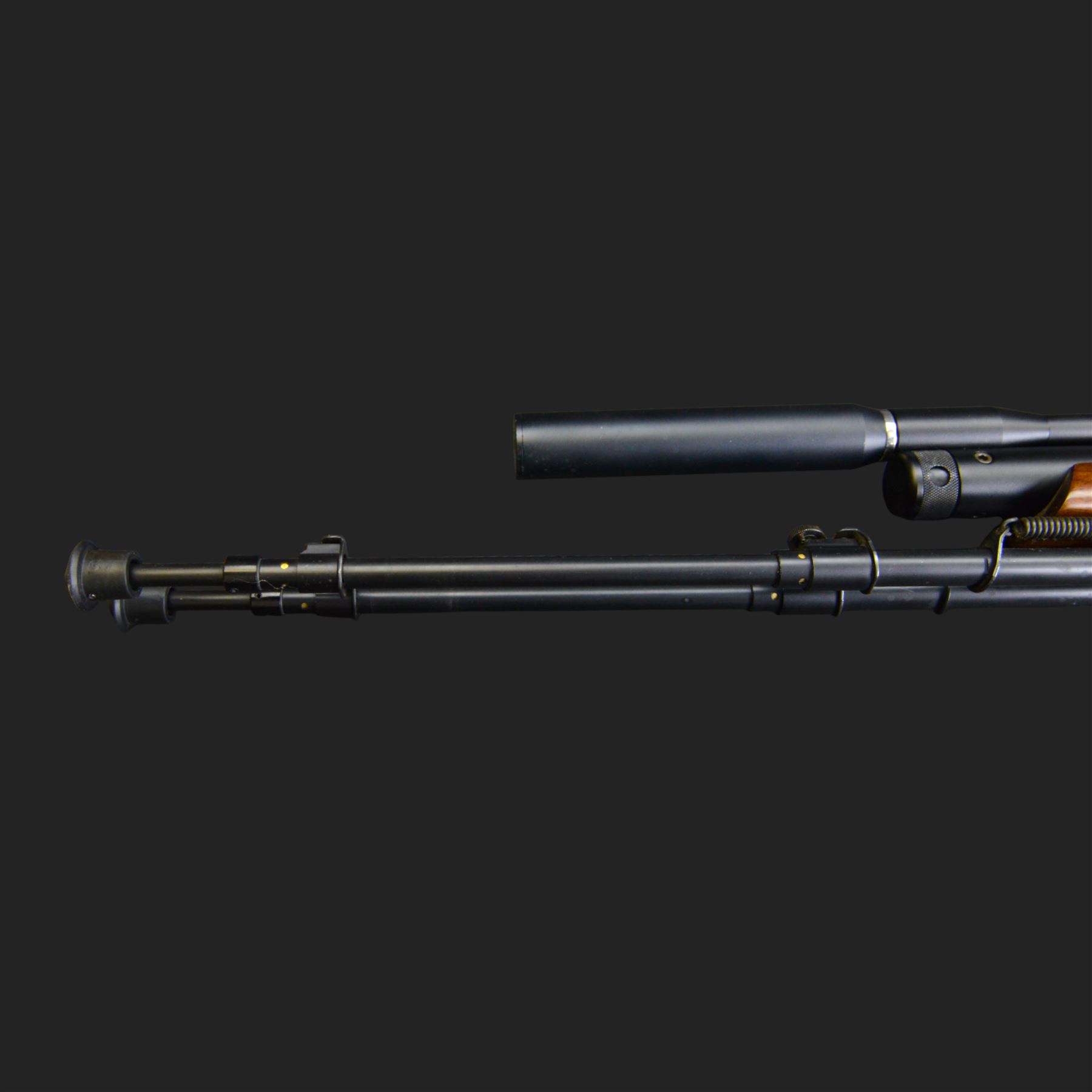 Logun MK2 22 Cal. air rifle, serial no 25885, with ASG fitted sight, bi-pod stand and fitted moderator  