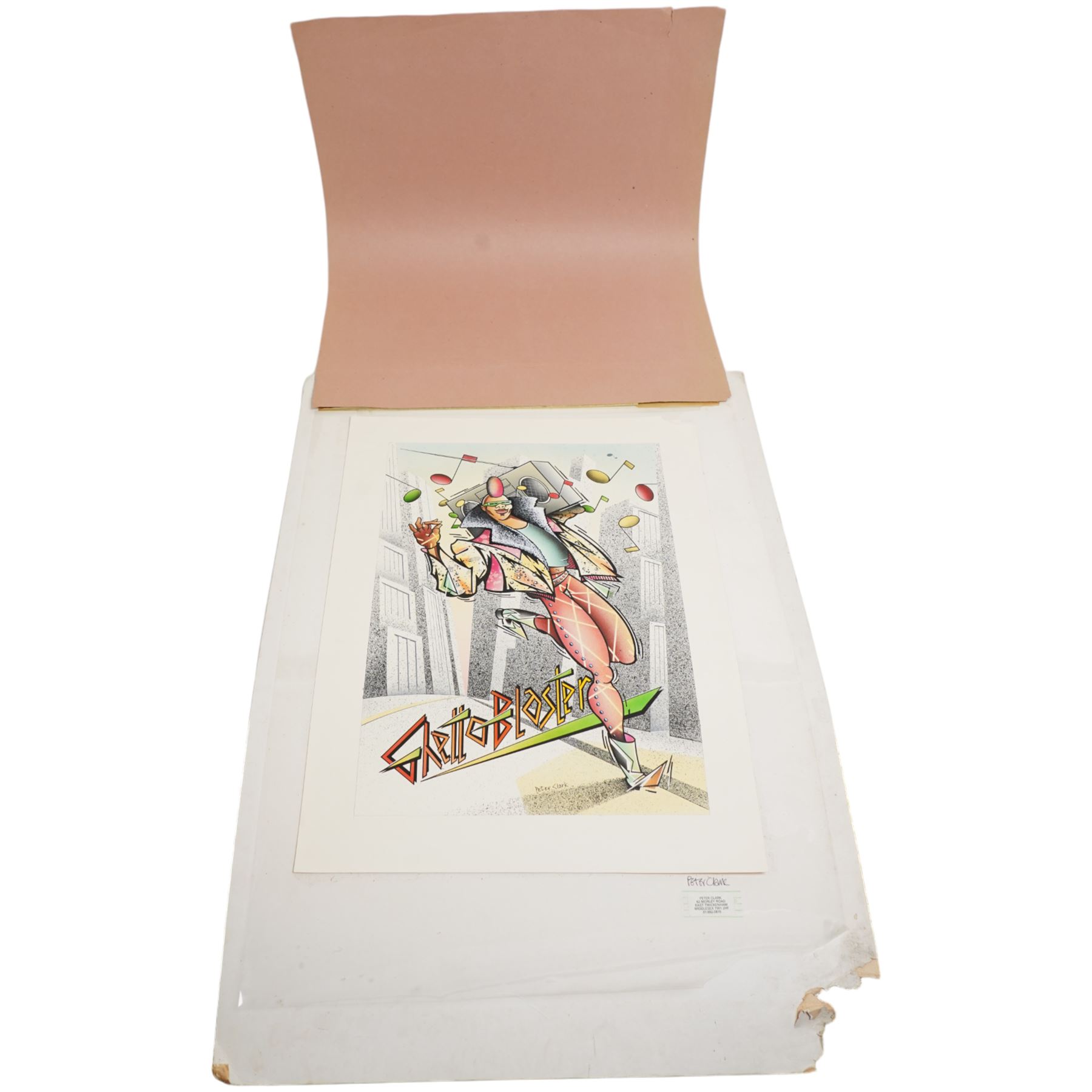 Peter Clark (British 1944-): 'Ghetto Blaster' & 'Foxy Lady', pair of original mixed media ink and watercolour poster prototypes signed, c.1985, 50cm x 34cm (unframed) (2)
Notes: Peter Clark is a British artist best known for his collages, but he began his career as an illustrator working for major UK publications like The Radio Times, BBC and major advertising campaigns. These posters, reflecting the bold colours and graphic style of pop art engage with 1980s music culture.
Provenance: direct from the family of the artist
