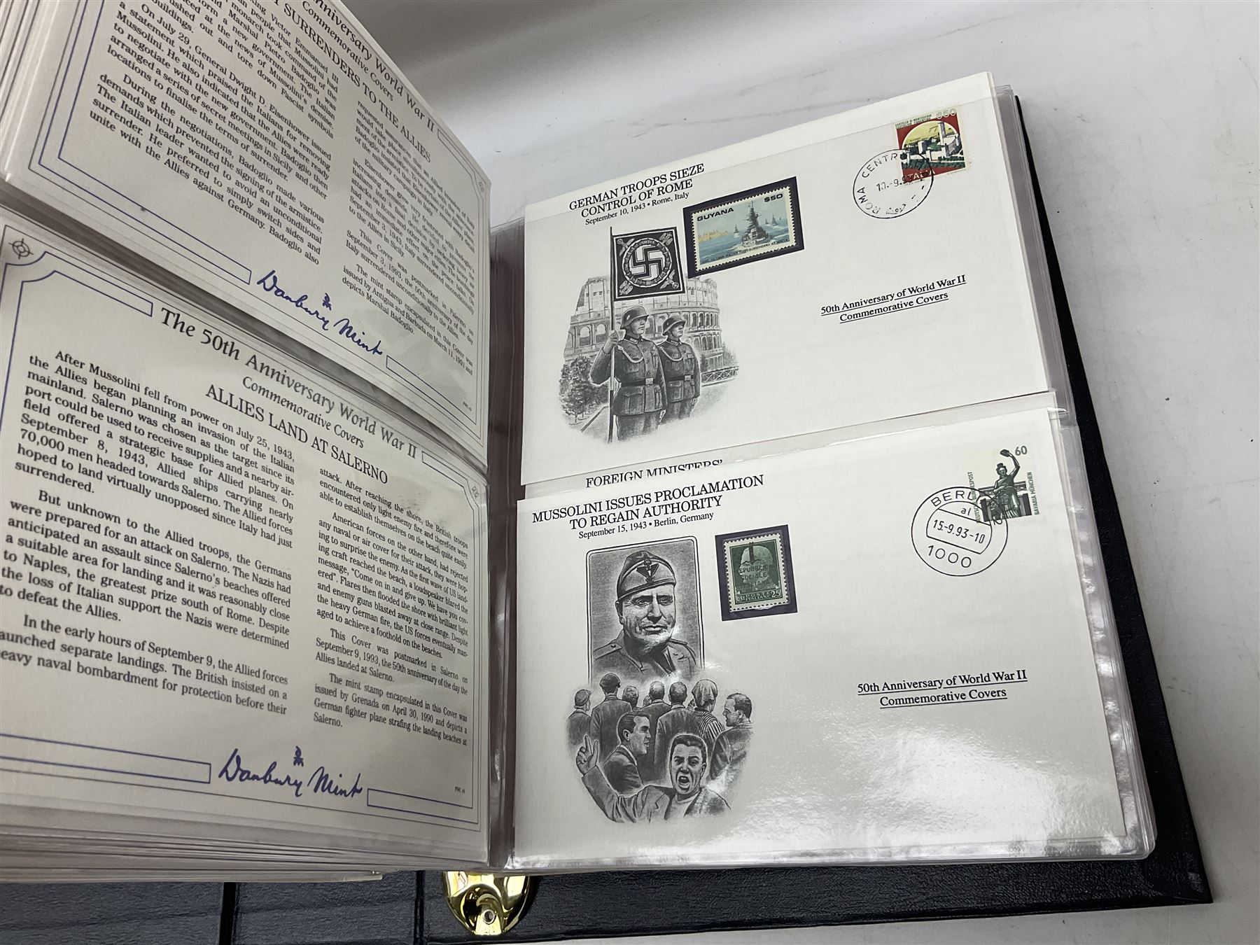 Three albums of 'The 50th Anniversary World War II Commemorative Covers Collection', housed in the official Danbury Mint folders