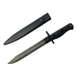 British Army L1A3 SLR Self Loading Rifle bayonet, with 20.5cm Bowie type fullered blade, hooked pommel with working push release button, grip secured by two deeply recessed rivets and marked L1A3 9600257 D71; in matching black scabbard L32.5cm overall