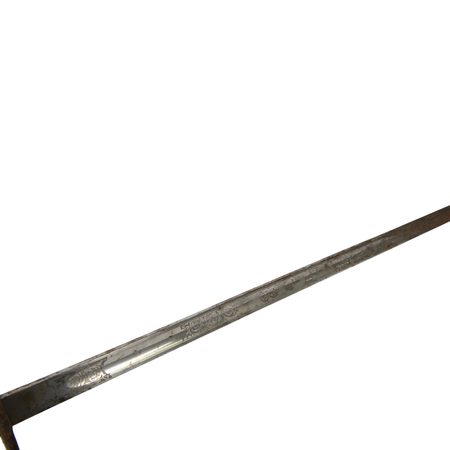 British Edward VII 1897 pattern Infantry Officer's sword, by F.W. Flight, the 82cms single edged blade etched with leaf design and Royal cypher, the hilt with pierced and cypher decorated guard around wire bound shagreen grip, within leather scabbard with frog and Sam Browne, overall L100cm