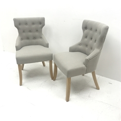 Pair side chairs upholstered in buttoned light blue fabric, shaped supports, W54cm