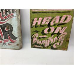 Six 20th century fairground signs, to include 'fun at the fair', 'Test your strength, 'Hold tight, 2 per car only', tallest example H120cm 