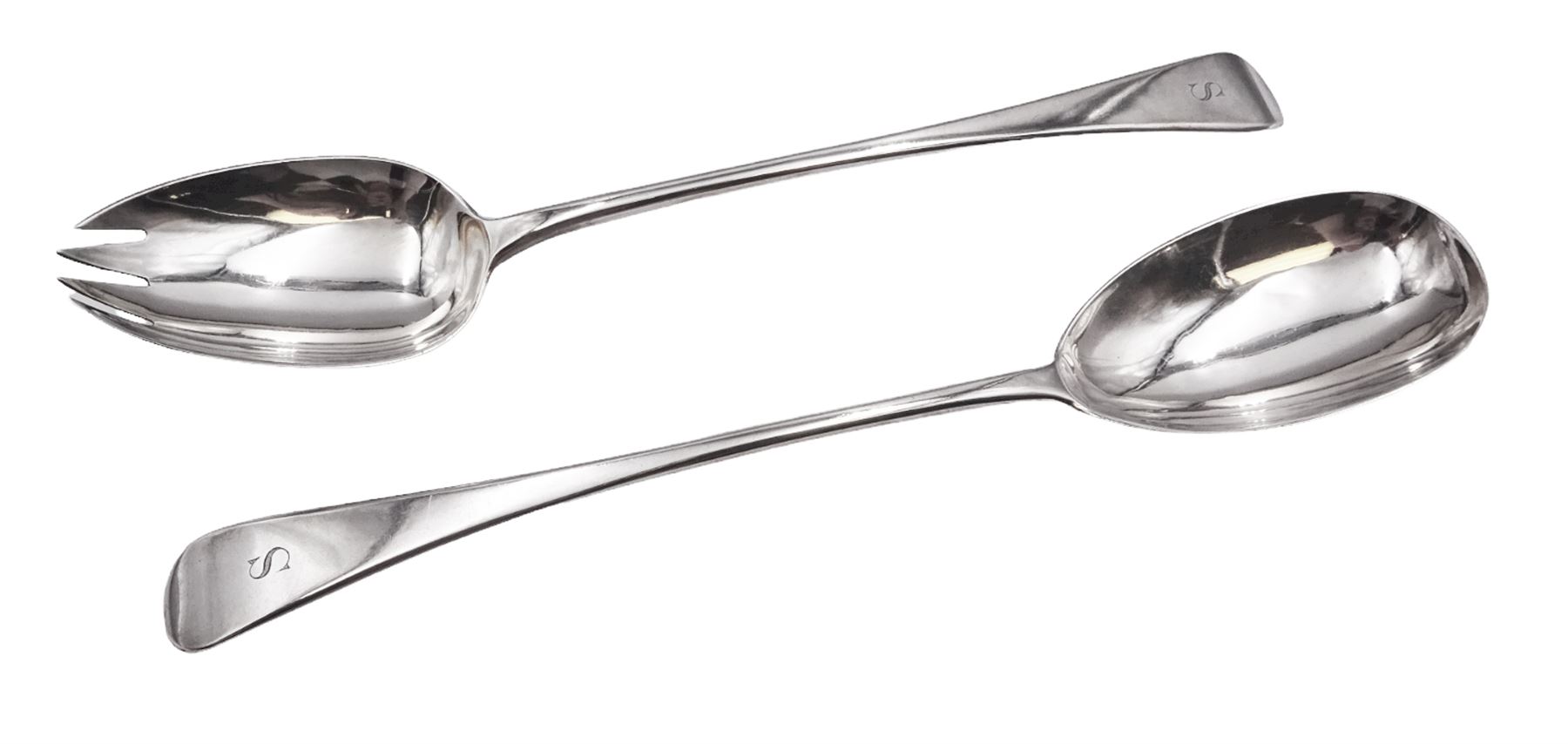 Pair of George III silver Old English pattern salad servers, hallmarked William Eley & William Fearn, London 1799, contained within a fitted case with blue velvet and cream silk lined interior, approximate silver weight 5.74 ozt (178.6 grams)