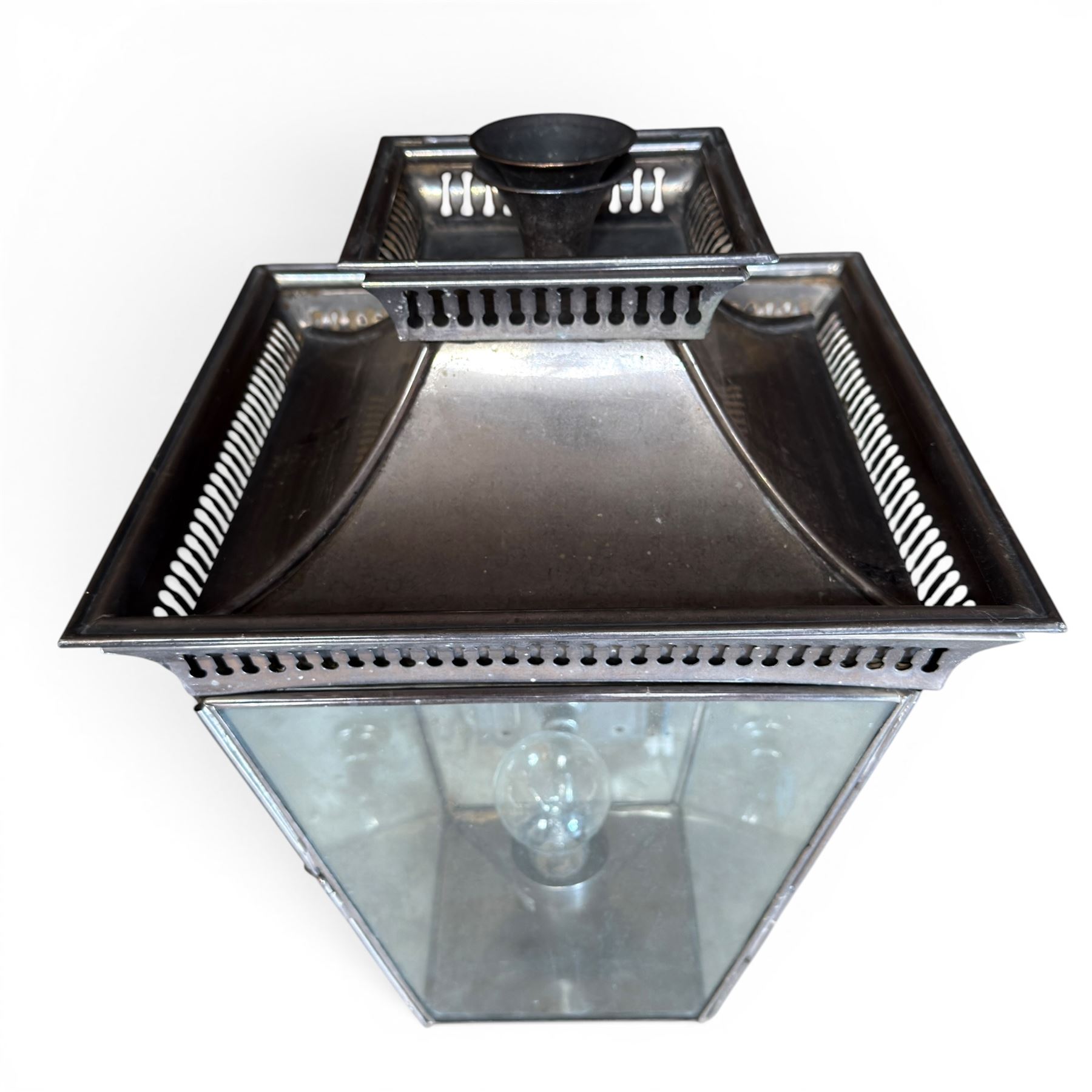 Pair of Victorian design black painted 'street' lamps, and a satin chrome light fitting