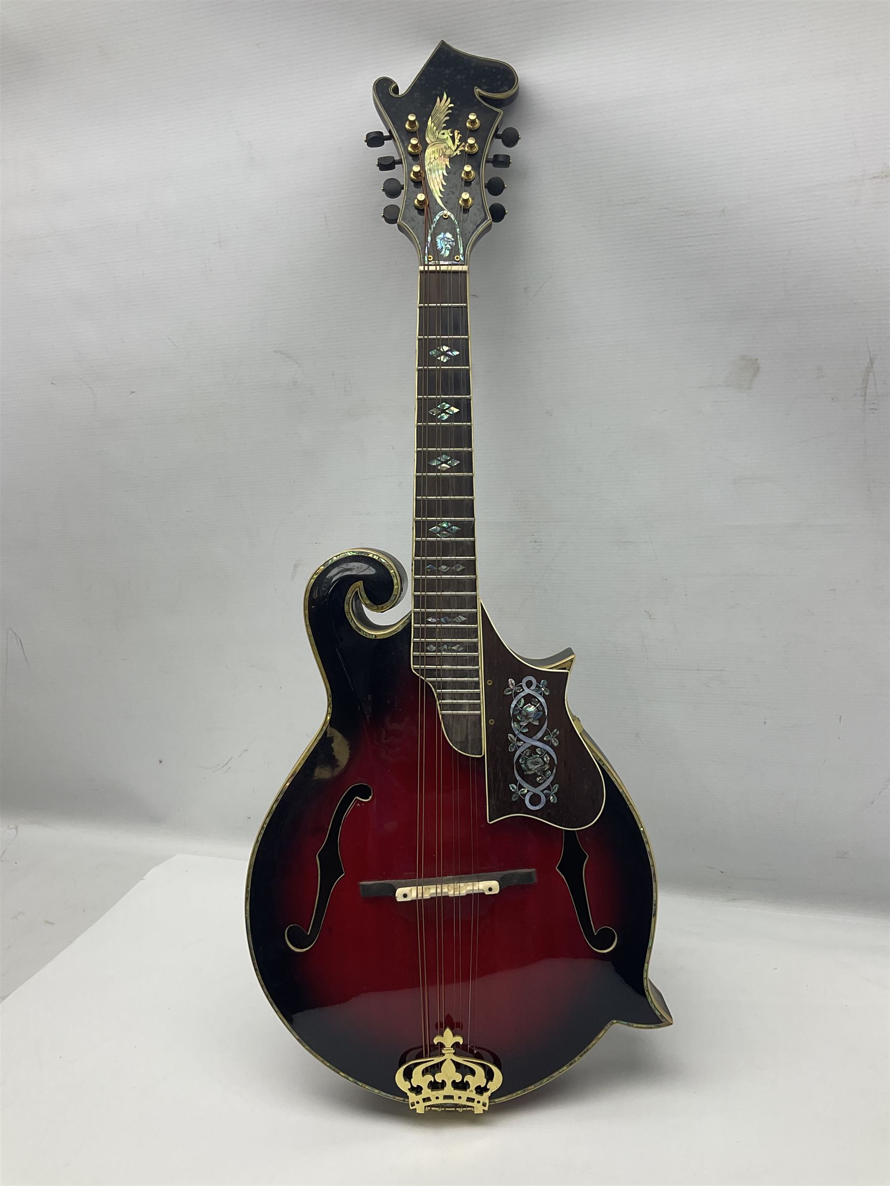 Eastern eight-string mandolin with red sunburst finish and mother-of-pearl inlay of eagles, clouds, trees etc L86cm; in fitted hard carrying case