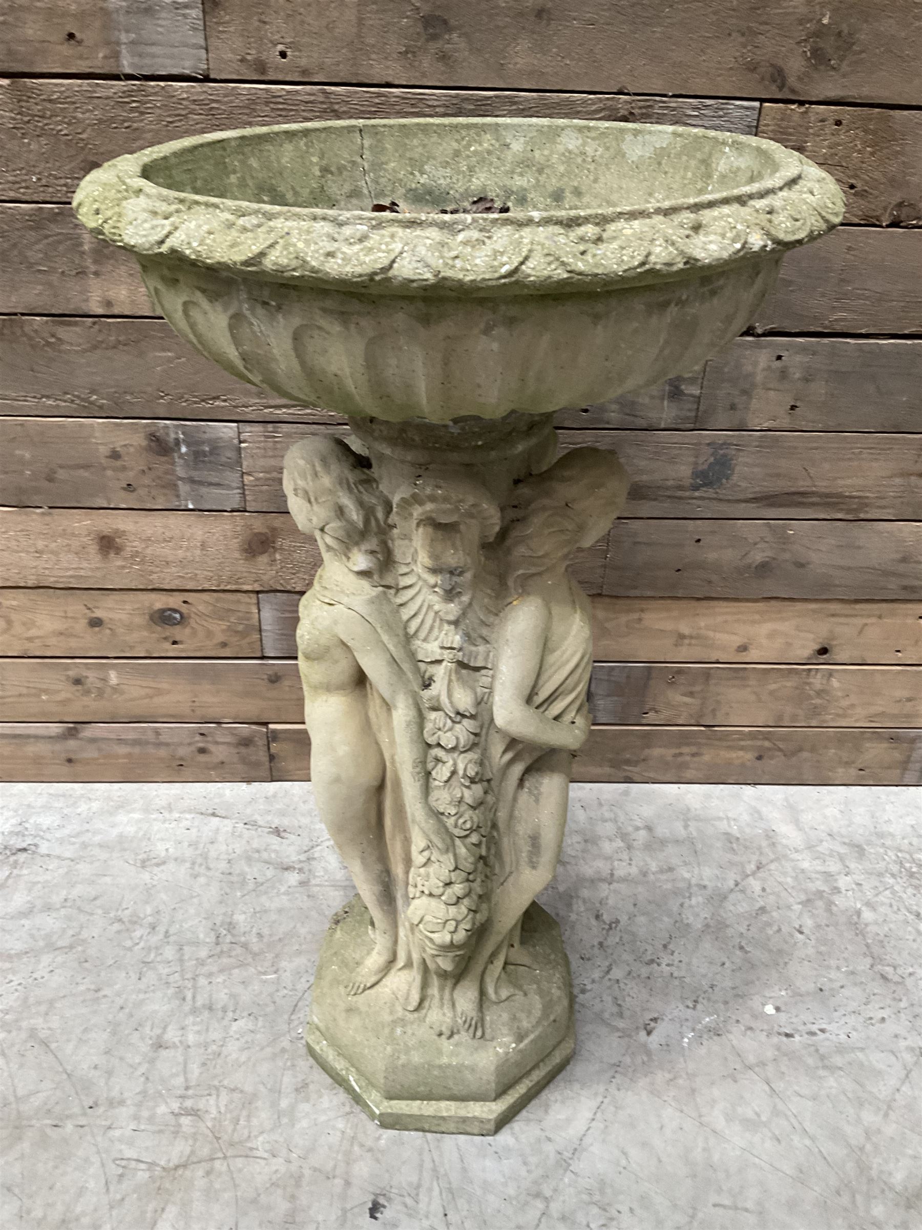 Cast stone bird bath, pedestal in the form of 'The Three Graces'