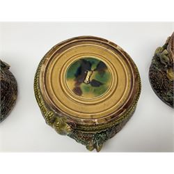 Majolica smokers set, in the form of a tree trunk, decorated with animals and a bird finial, dividing into three sections comprising of pipe stand, tobacco jar and ashtray, H38cm 