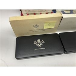 First National Coinage of Barbados 1973 proof eight coin set, from ten dollars to one cent, the ten dollar coin minted in sterling silver, the five dollar coin minted in 800 silver, and a Barbados 1974 proof eight coin set, both minted at The Franklin Mint, cased with certificates; two Republic of Malta decimal proof coin sets, dated 1978 and 1979, the 1979 one pound coin minted in sterling silver, both minted at The Franklin Mint, cased with certificates; Cayman Islands 1973 proof eight coin set, minted at the Royal Canadian Mint, cased; and a Cayman Islands 1979 proof eight coin set, the five dollar to fifty cents coins each minted in sterling silver, minted at the Franklin Mint, cased with certificate (6)