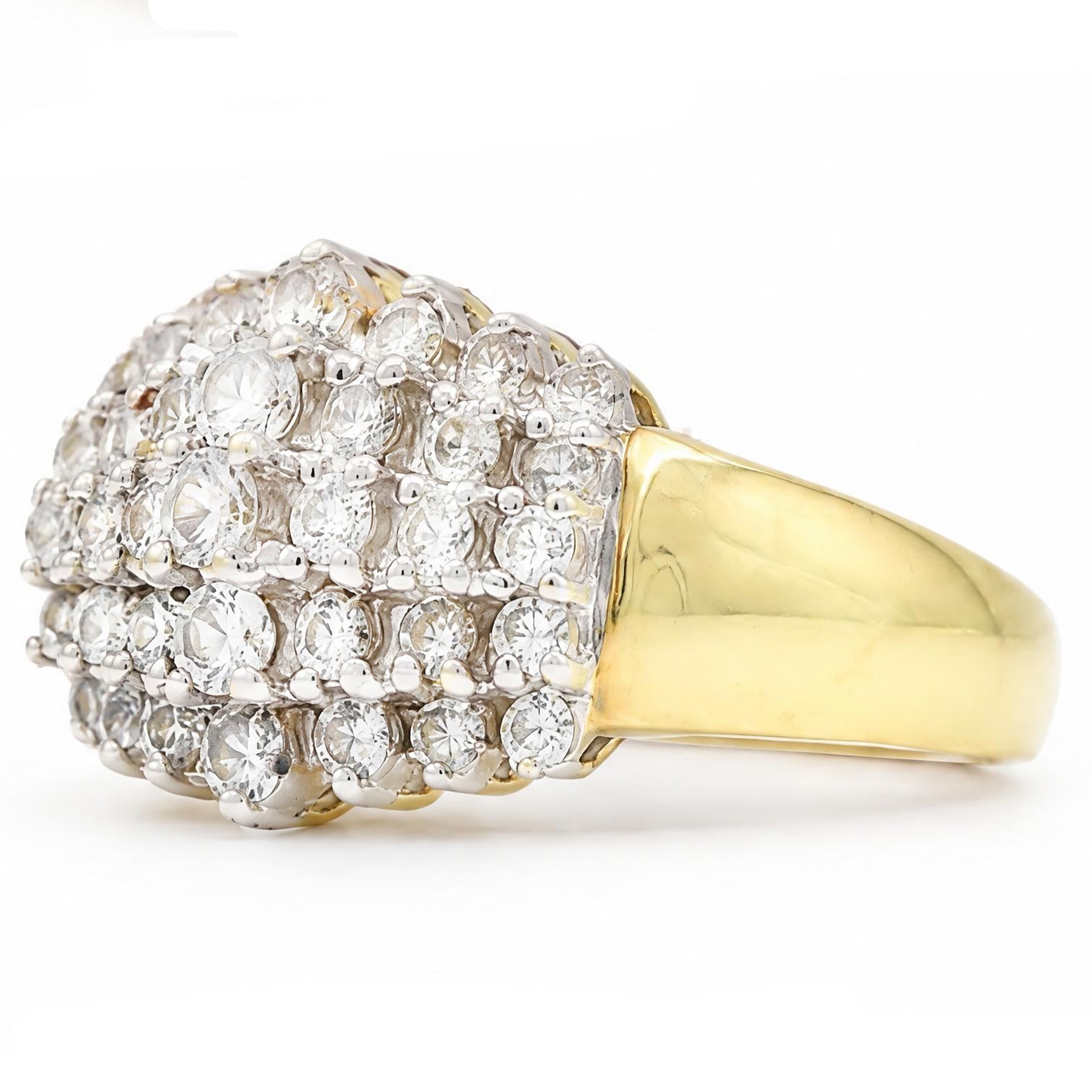 18ct gold diamond rive row stepped design ring, each row set with seven round brilliant cut diamonds, stamped, total diamond weight approx 0.80 carat