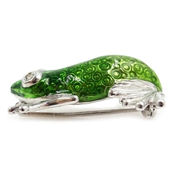  White gold and green enamel frog brooch with diamond eyes, hallmarked 18ct  