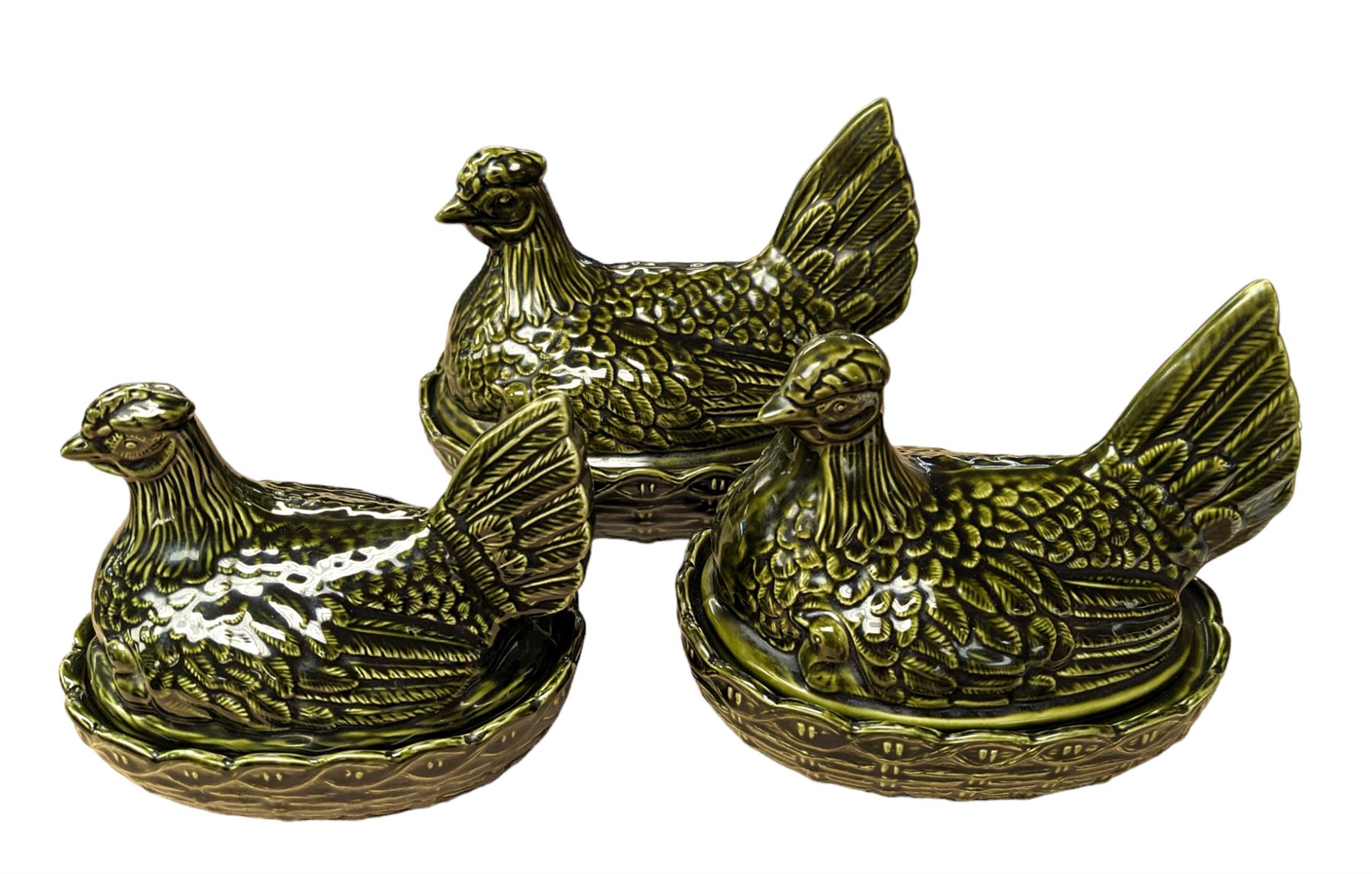 Portmeirion set of three graduating hen on nests, in green glaze, with impressed mark beneath, tallest H21cm, 
