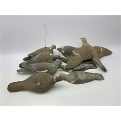 Three die-cast half body decoy pigeons L36cm and a similar tin-plate; together with fourteen plastic decoy pigeons, crows and magpie by Sport Plast, Flexico (Decoys) Ltd etc including one in flight with articulated wings (18)