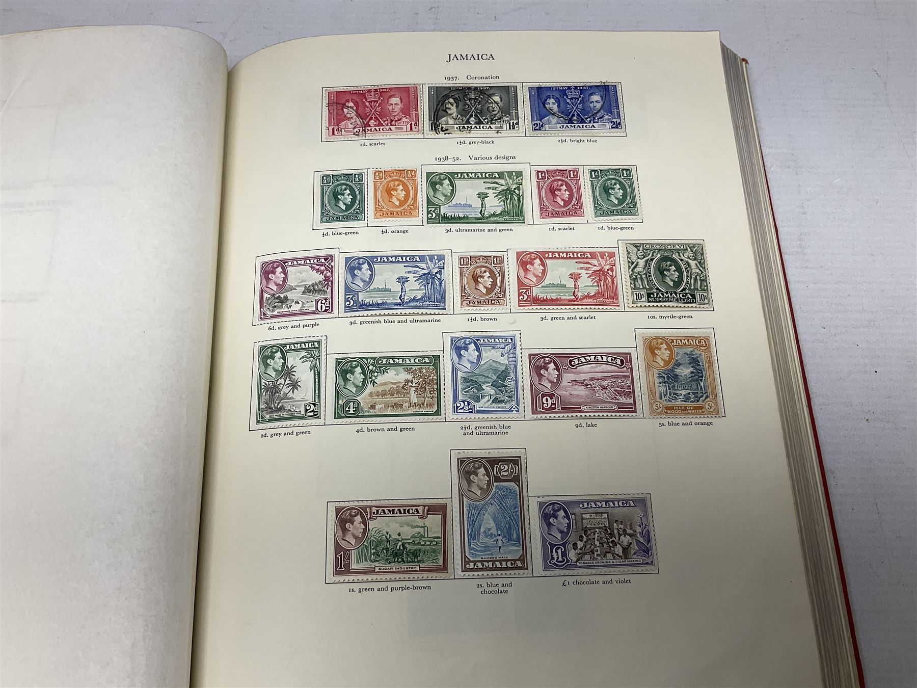 Single album collection of King George VI stamps, including Aden, Antigua, Ascension, Australia, Bahamas, Bahrain, Barbados, Basutoland, Bechuanaland, Bermuda, British Solomon Islands, Brunei, Burma, Cayman Islands, Dominica, Falkland Islands, Gambia, Gilbert and Ellice Islands, Gold Coast, Great Britain 1939-48 set to one pound including ten shilling dark blue, Grenada, Hong Kong, India, Ireland, Jamaica, Leeward Islands, Malta, Mauritius, New Zealand etc