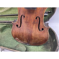 German violin c1890 for restoration and completion with 36cm two-piece maple back and ribs and spruce top and carved lion head, bears label 'Henry Betts Royal Exchange London' L59.5cm overall; in ebonised wooden case with two bows