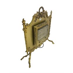 Louis XVI design gilt metal electric fire, garland pediment, cartouche apron with flanking swags, raised on hairy hoof feet (W73cm, H76cm); together with a 20th century carved wood wall mirror, the frame decorated with trailing vine leaf and grapes, bevelled plate (70cm x 45cm)
