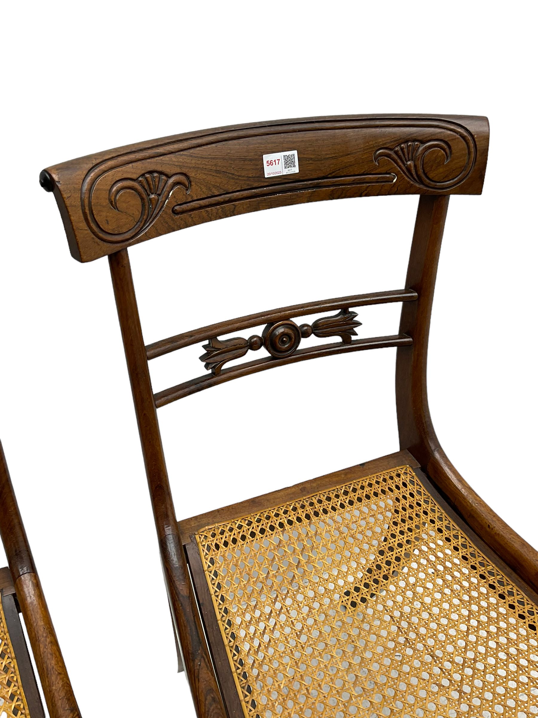 Pair of Regency rosewood framed side chairs, carved back rails over cane seat, raised on reeded supports (W46cm D50cm H84cm); set of three Edwardian walnut cane seat bedroom chairs, carved shield back (W41cm H88cm)