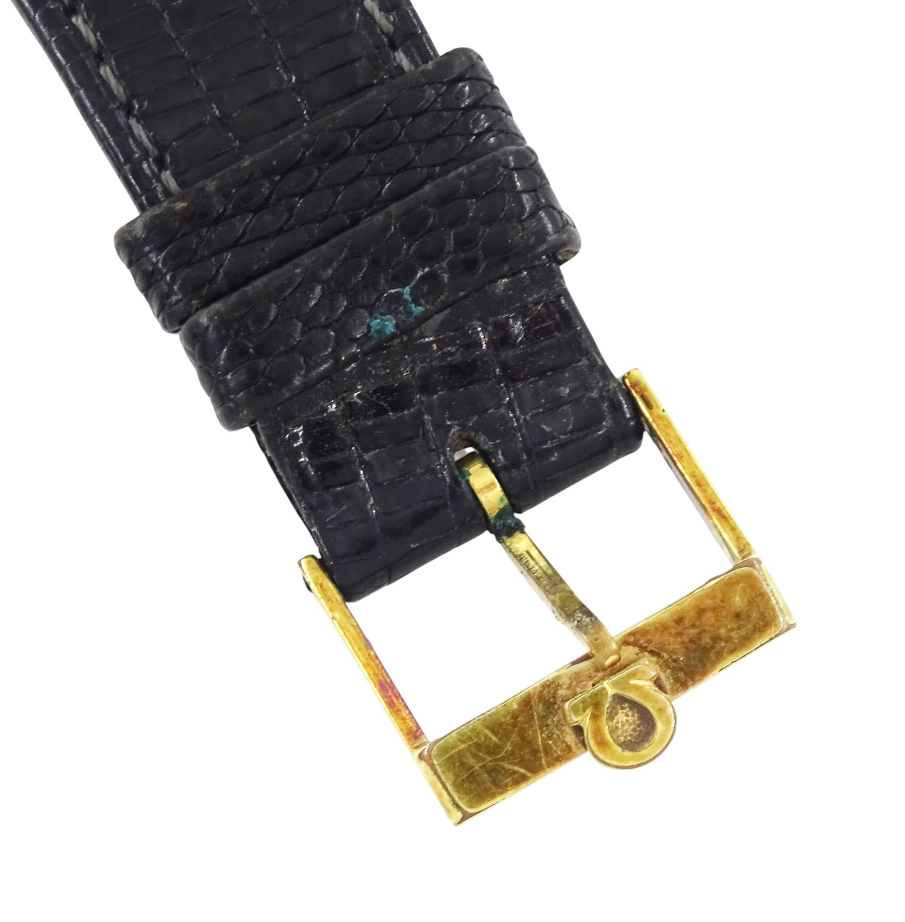 Omega Electronic f300HZ gentleman's gold-plated and stainless steel chronometer quartz wristwatch, Ref. 198.002, gilt dial with baton hour markers and date aperture, on black leather strap with Omega gilt buckle