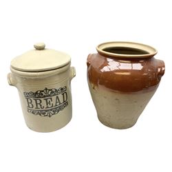 Stoneware bread bin with lid, together with another stoneware pot, largest example H35cm