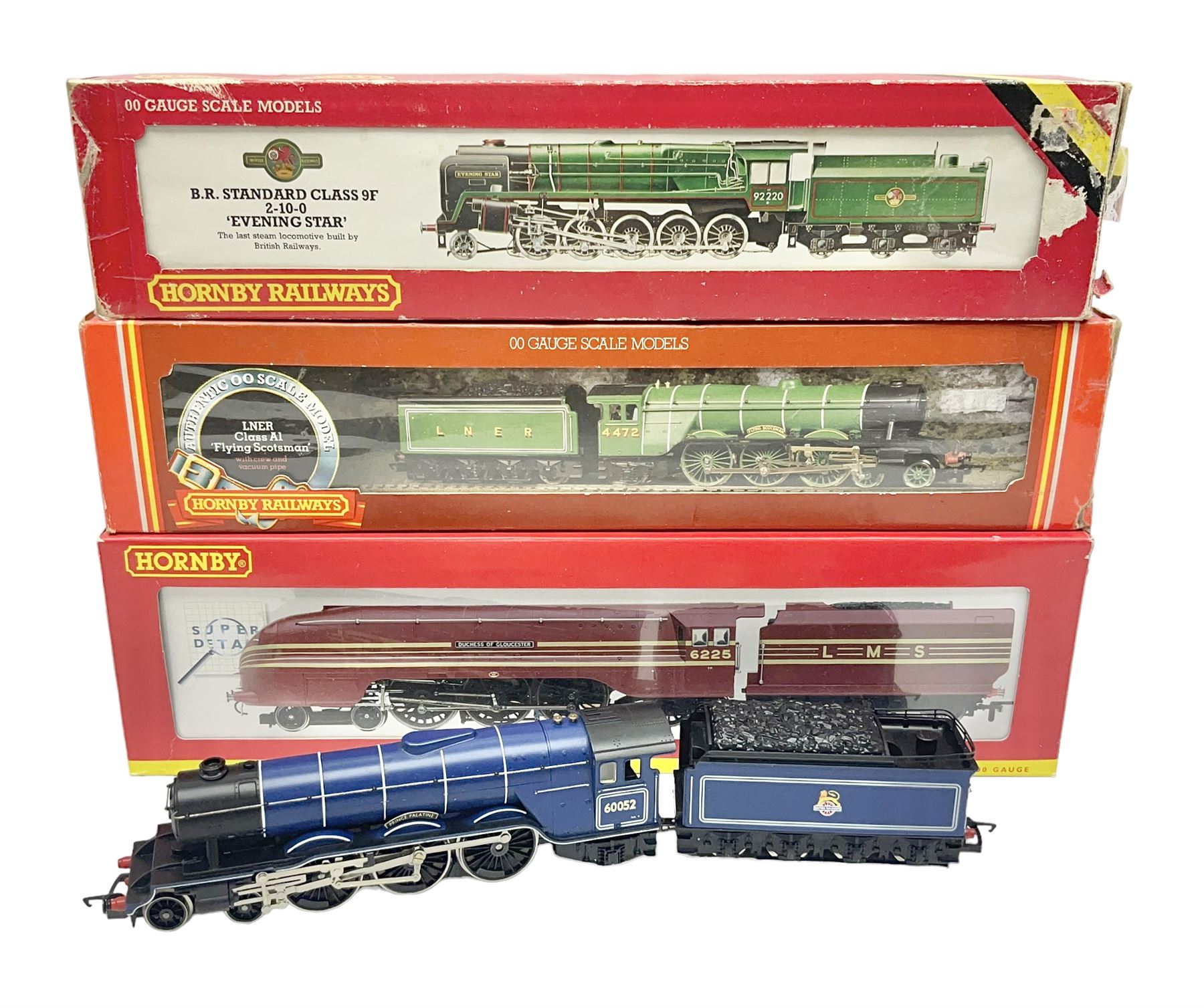 Hornby '00' gauge - Coronation Class 4-6-2 locomotive 'Duchess of Gloucester' No.6225 in LMS maroon; Class A1/A3 4-6-2 locomotive 'Flying Scotsman' No.4472 in LNER green; Class 9F 2-10-0 locomotive 'Evening Star' No.92220 in BR green; all boxed; and Class A1/A3 4-6-2 locomotive 'Prince Palatine' No.60052 in BR blue; unboxed (4)