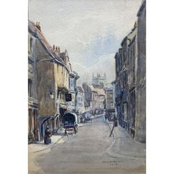 George H Martin (British exh.1905): Goodramgate York, watercolour signed and dated 1906, 26cm x 18cm
Notes: at the centre of the picture is the tower of Holy Trinity in Kings Court, demolished in 1931 now forming Kings Square