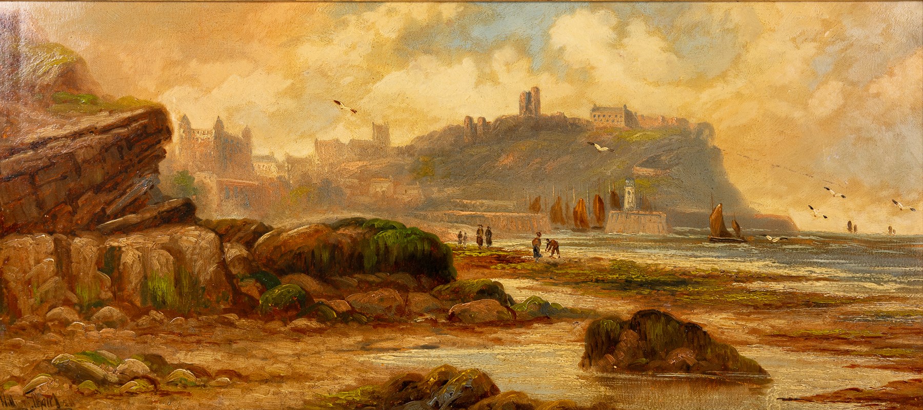 William Thairlwall (British 1844-?): Scarborough South Bay, oil on board signed 43cm x 97cm
