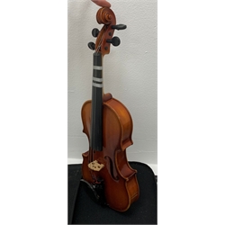 Three modern graduated violins - Suzuki 1/10 size child's violin with 23.5cm single piece back, bears label serial no.94282, 40cm overall; copy of Antonius Sradivarius of Cremona violin dated 1998 with 28cm two-piece back, 47cm overall; and Strobel violin with 35.5cm two-piece back, bears label dated 2006, serial no.512801325, 59cm overall. All cased with bows (3)