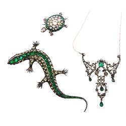 Early 20th century and later silver jewellery including paste turtle brooch, similar lizard brooch, Art Deco milgrain set paste openwork necklace, enamel bird pendant, marcasite studded cuff bracelet, 15ct gold cameo brooch/pendant, 9ct gold turquoise heart pendant and turquoise stick pin and a pearl necklace