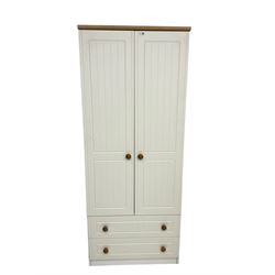Cream and oak finish double wardrobe, two doors enclosing hanging rail over two drawers (74cm x 54cm x 183cm); cream and oak finish chest, fitted with four drawers (77cm x 42cm x 88cm); matching bedside chest fitted with three drawers (40cm x 42cm x 70cm)