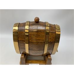 French miniature oak brandy barrel stamped Geraud Latiffe, France 1933, with brass banding and tap, housed upon stand, H25.5cm
