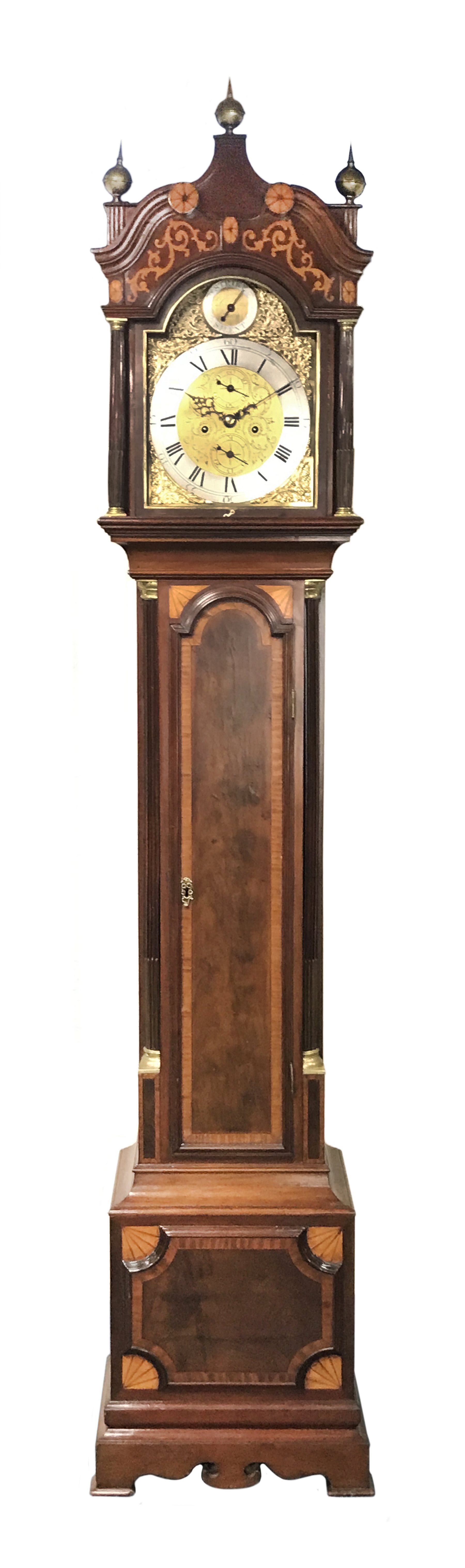 Early 19th century inlaid and cross banded mahogany London style longcase clock, brass arched dial, Roman and Arabic numerals, second and month subsidiary, lattice spandrel, eight day movement, automatic night time silent and strike mode, H242cm (two weights and pendulum)