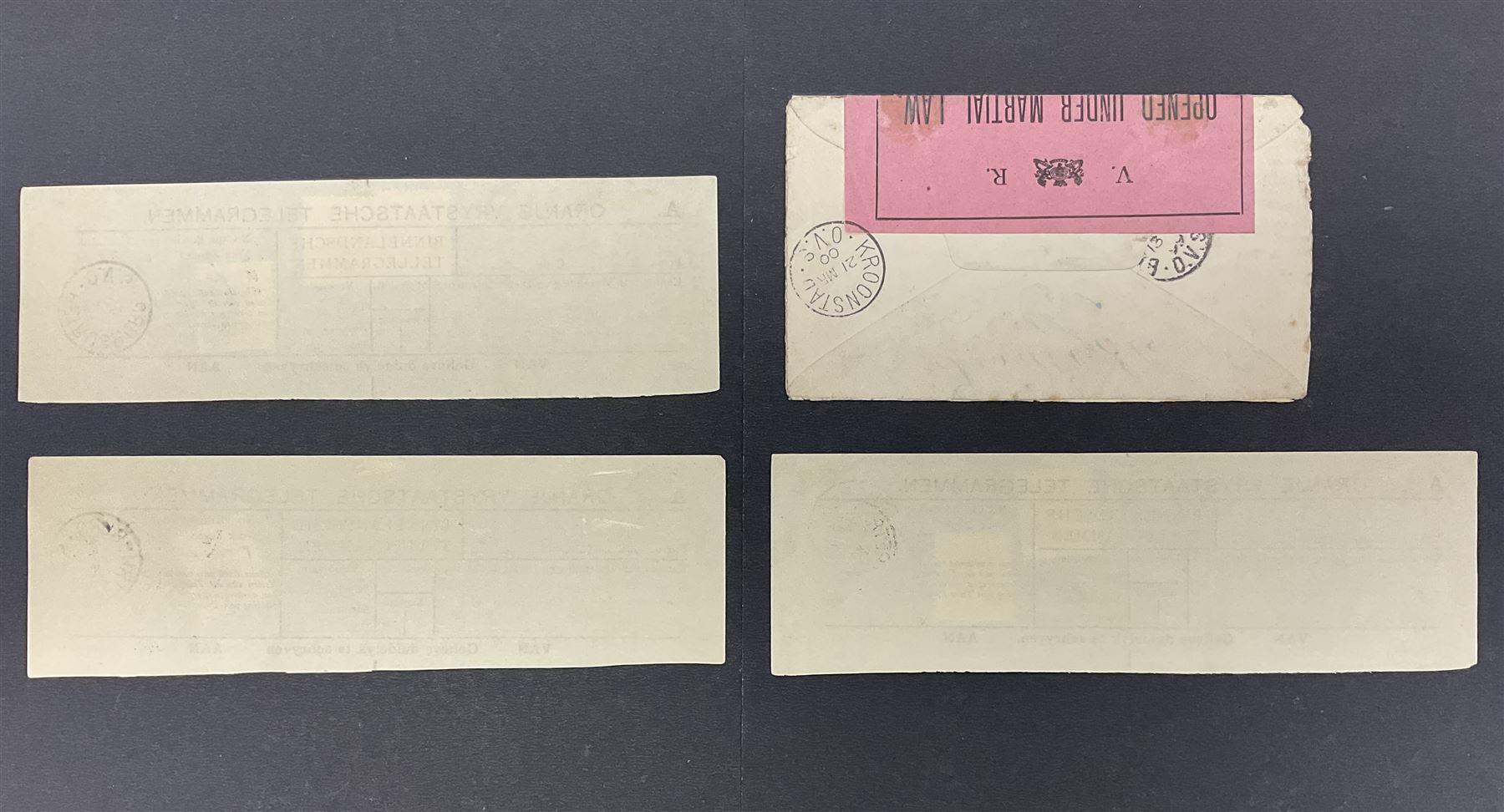 South Africa, Orange Free State, partial cover with one penny stamp cancelled with various postmarks 'Stopped By Censor Return To Sender' purple rectangular stamp and 'V R Opened Under Martial Law' pink slip and three telegrams with various stamp values
