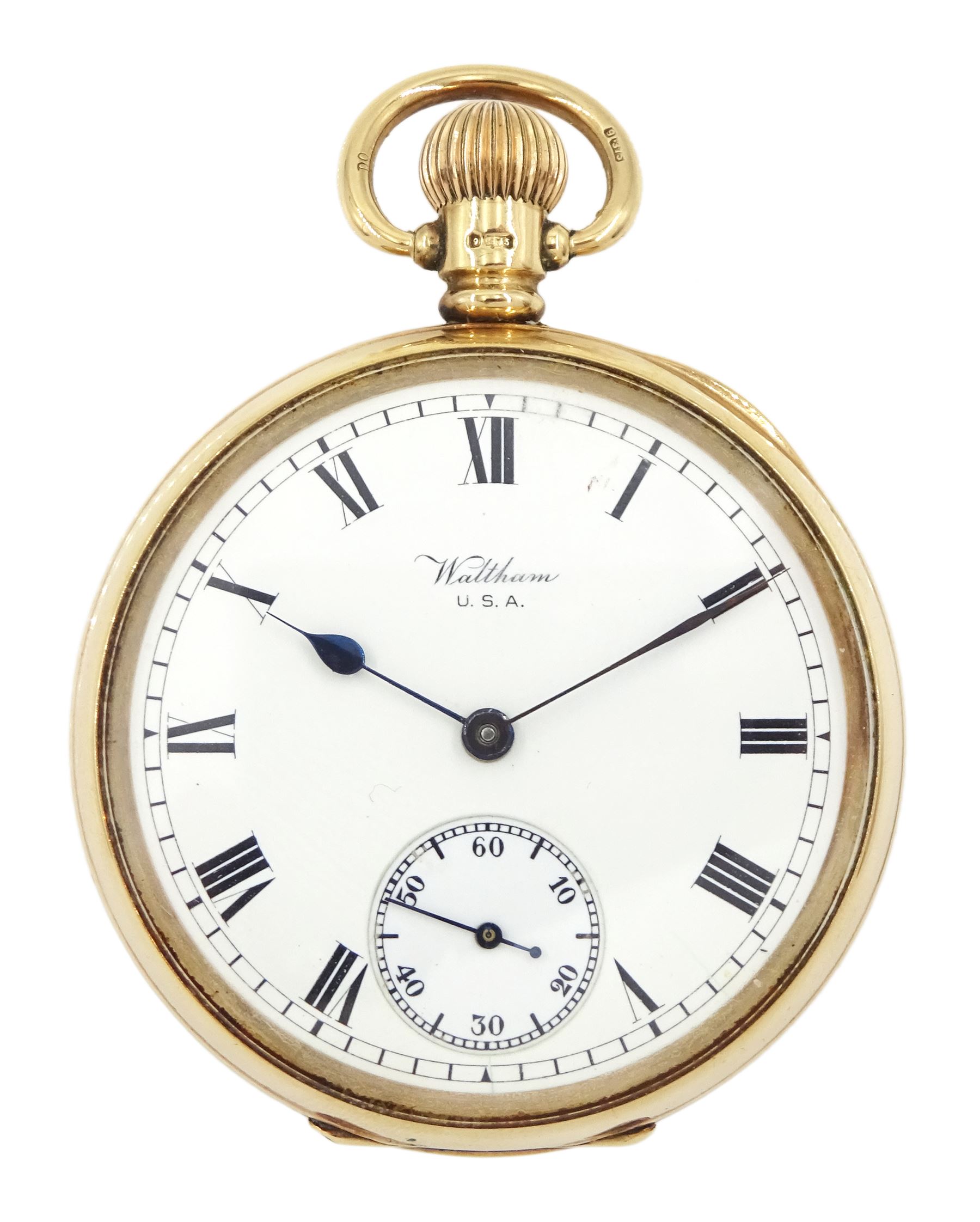 Early 20th century 9ct gold open face, keyless 'Traveler' lever pocket watch by American Watch Company, Waltham, No. 17878530, white enamel dial with Roman numerals and subsidiary seconds dial, case by Dennison, Birmingham 1912