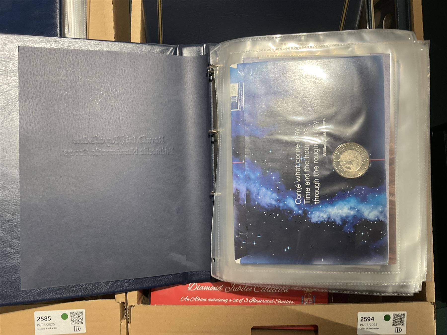 Approximately one hundred and fifteen Royal Mint coin covers, in two ring binder folders and loose, together with approximately 53 grams of Great British pre-1920 and approximately 68 grams of Great British pre-1947 silver threepence coins, and a small quantity of further pre-decimal coins