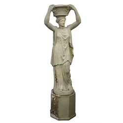 Large 'Norman and Raymond of London'  style composite garden statue of a Roman goddess, standing supporting a flower basket, on octagonal pedestal, H130cm  