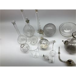 Collection of 19th century and later pharmaceutical laboratory glass, to include, volumetric flasks of various sizes, conical flask, stratus flask, etc (25) Provenance: discovered in the storeroom of a long established Hull pharmacist and opticians
