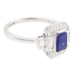 Platinum sapphire and diamond ring, single octagonal cut sapphire of approx 1.15 carat, flanked by two baguette cut diamonds and milgrain set round brilliant cut diamond surround, hallmarked, total diamond weight approx 0.35 carat