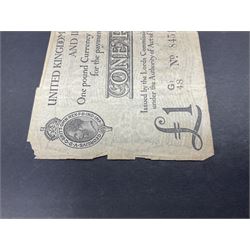 United Kingdom of Great Britain and Ireland Bradbury second issue one pound banknote ‘G1 48 No.84511’